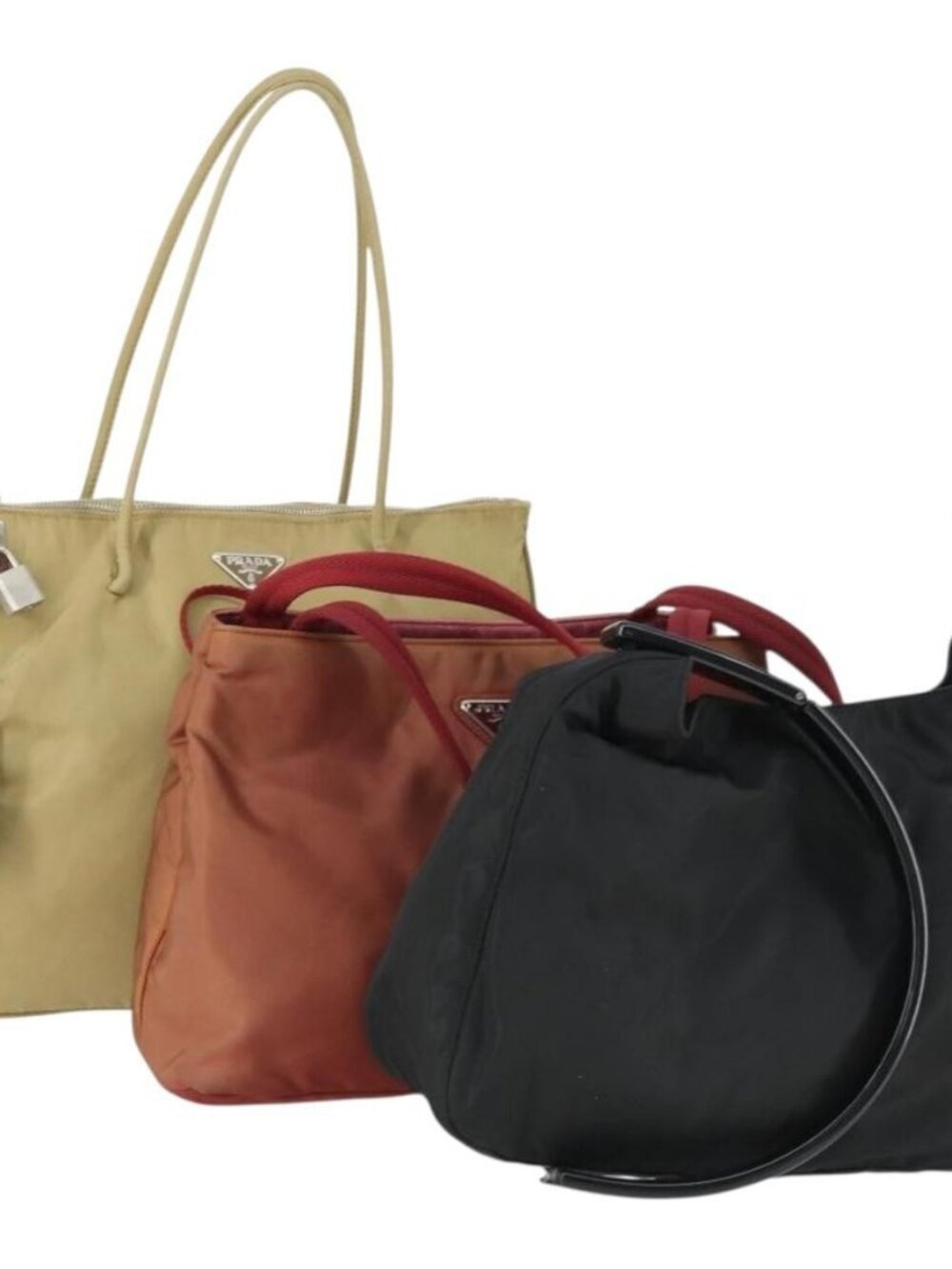 PRADA Bag Nylon 3 Set Black Red beige Auth 160750